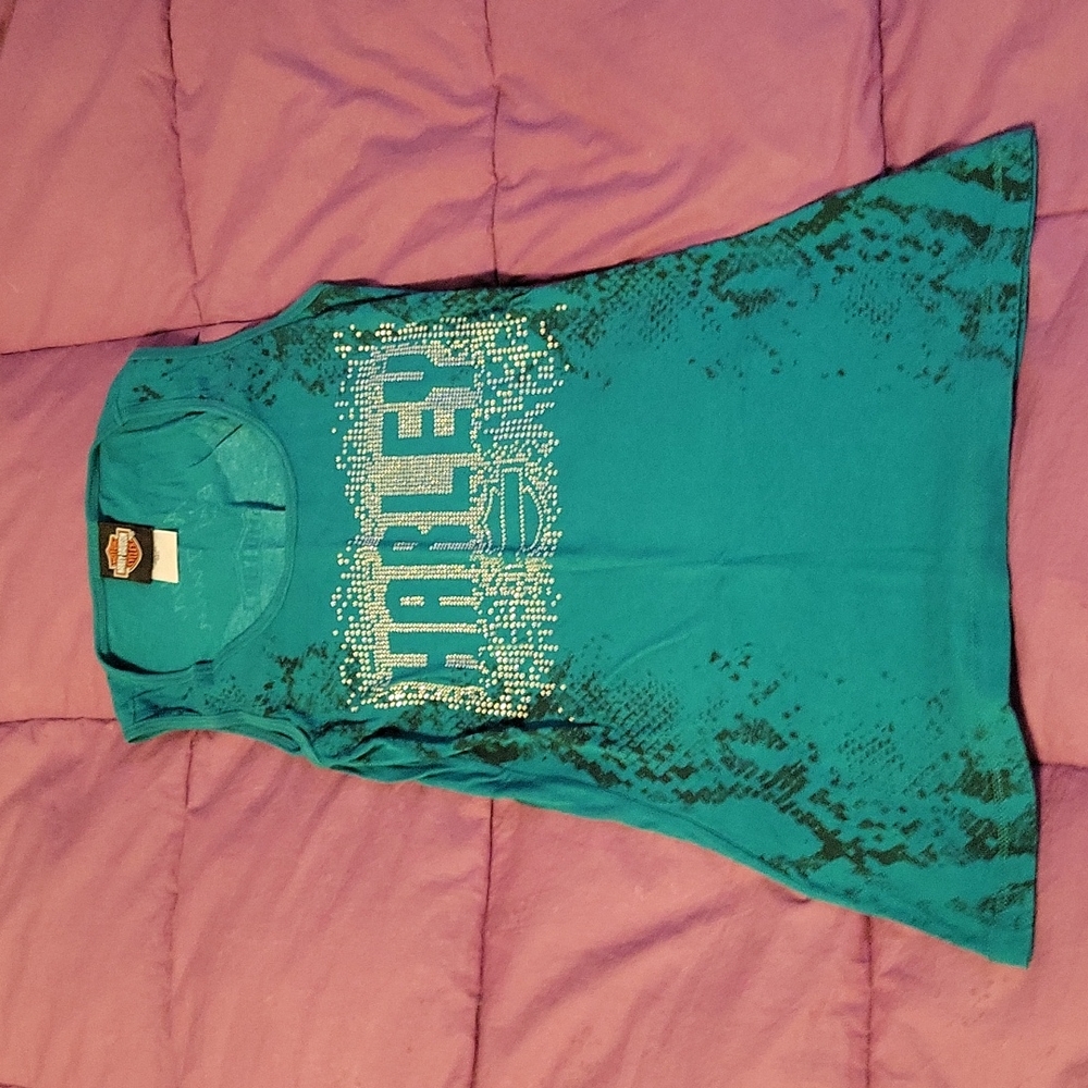 Harley Davidson Aruba Sparkly Snakeskin Print Teal Tank Top Size S - Picture 2 of 5